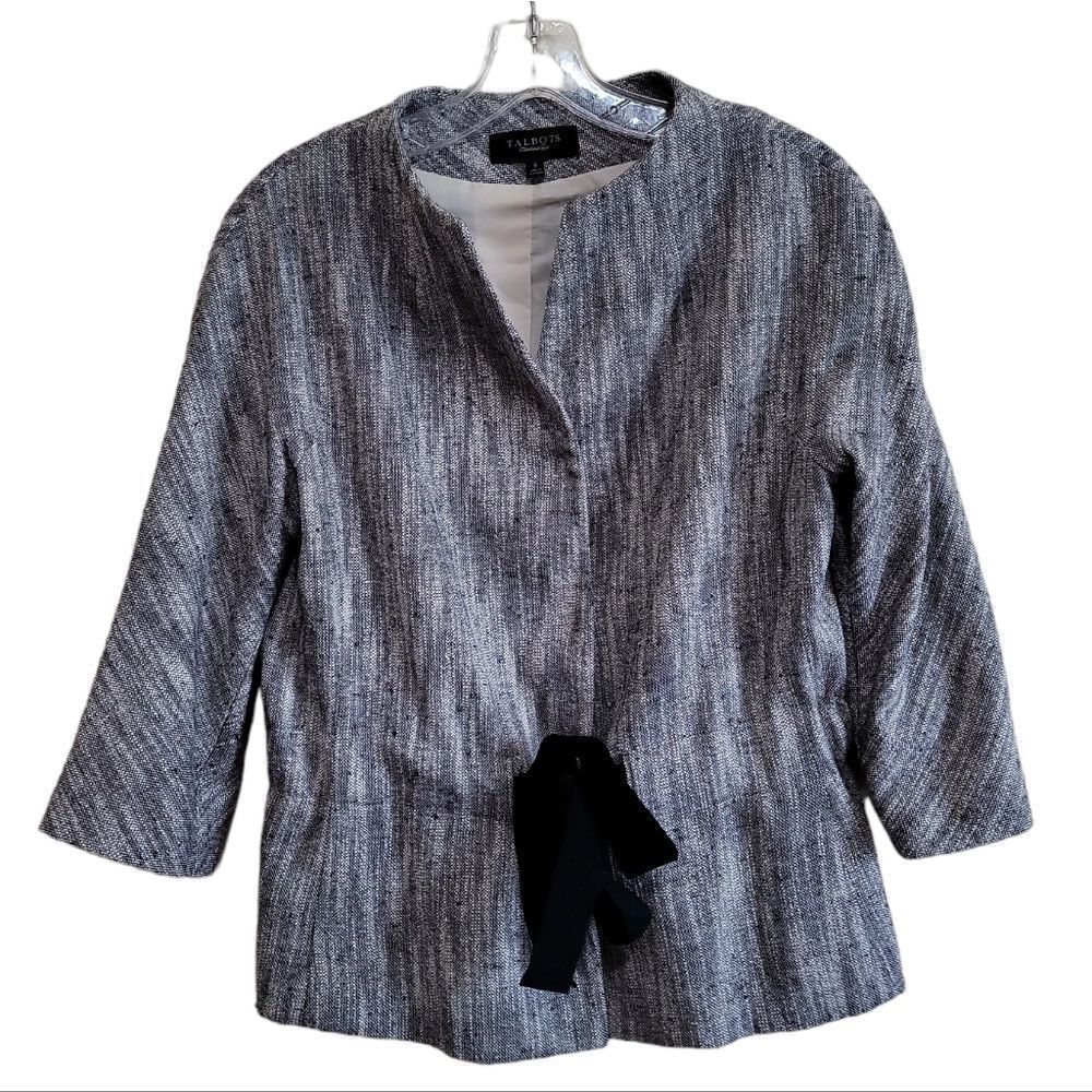 Talbots Gray Textured Open Front Blazer with Black Tie